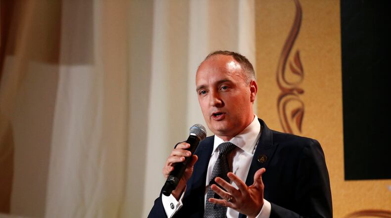 February 25, 2016 - Atlanta, Ga: Atlanta United FC president Darren Eales speaks during the Atlanta Sports Awards at the Fox Theatre Thursday, February 25, 2016, in Atlanta. PHOTO / JASON GETZ