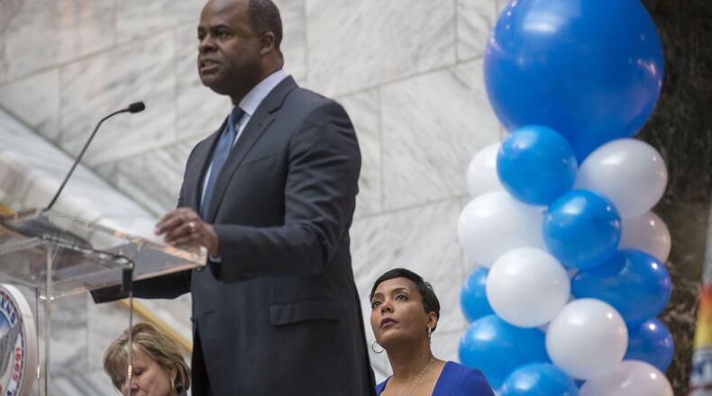 Then-Atlanta Mayor Kasim Reed speaks during his final workday at Atlanta City Hall. Bonuses given out in 2017 during the final days of his administration were determined to be illegal, according to a pair of city investigations. ALYSSA POINTER/ALYSSA.POINTER@AJC.COM