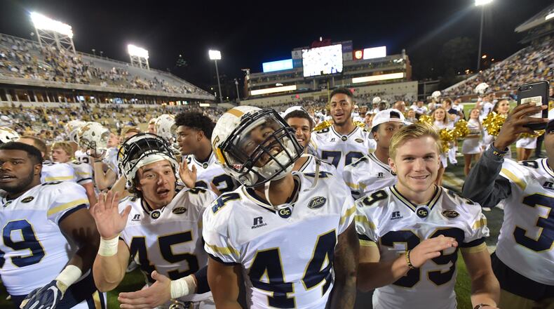 October 21, 2017 Atlanta - Georgia Tech players celebrates a 38-24 victory over the Wake Forest in an NCAA college football game at Bobby Dodd Stadium on Saturday, October 21, 2017. HYOSUB SHIN / HSHIN@AJC.COM