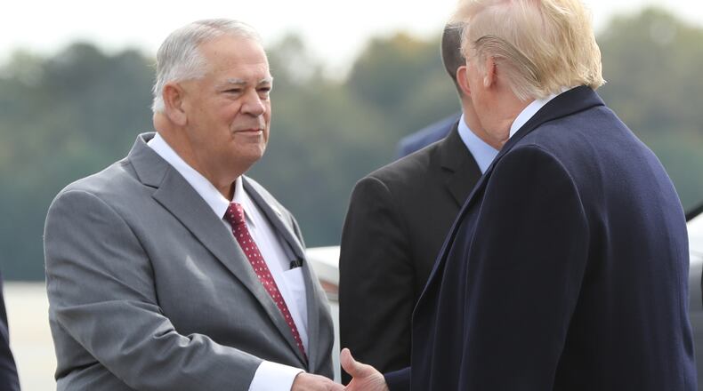 November 8, 2019 Marietta: Speaker of the Georgia House of Representatives David Ralston greets President Donald Trump as he arrives at Dobbins AFB on Friday, November 8, 2019, in Marietta. Curtis Compton/ccompton@ajc.com