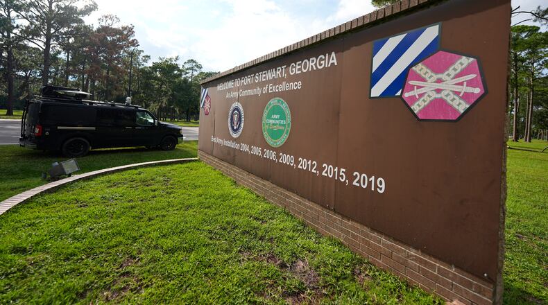 FILE - A sign welcoming people to Fort Stewart in Georgia is seen on Wednesday, Aug. 6, 2025. (AP Photo/Mike Stewart, File)