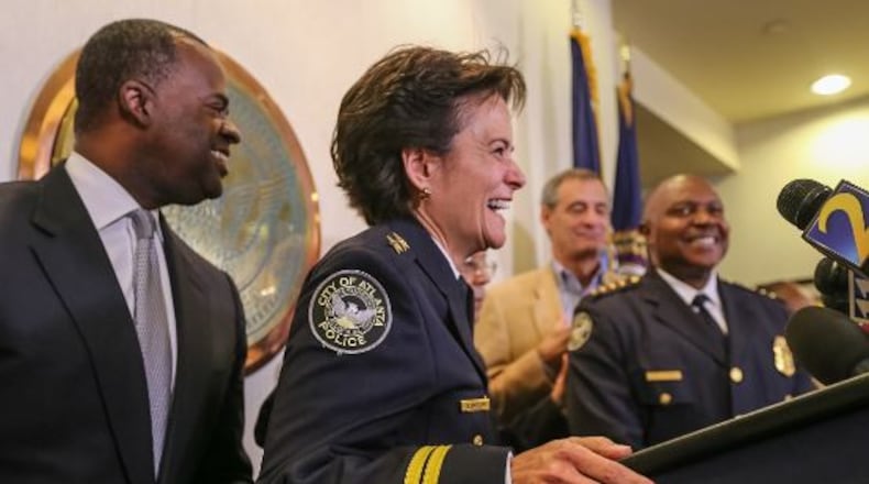 Erika Shields at press conference announcing her as the next Atlanta police chief. JOHN SPINK/JSPINK@AJC.COM