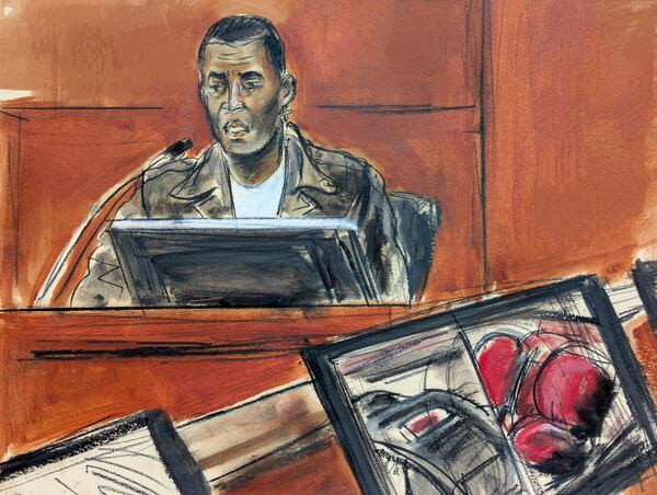 Music artist Kid Cudi testifies on the witness stand during Sean "Diddy" Combs' sex trafficking and racketeering trial in Manhattan federal court,Thursday, May 22, 2025, in New York. (Elizabeth Williams via AP)