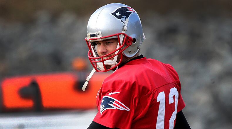 FOXBOROUGH, MA - JANUARY 12: New England Patriots quarterback Tom Brady (12) is pictured during Patriots practice at the Gillette Stadium practice field in Foxborough, MA on Jan. 12, 2017. (Photo by Barry Chin/The Boston Globe via Getty Images)
