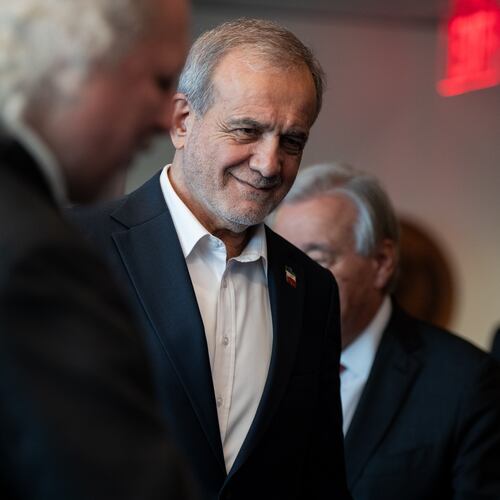 FILE - Masoud Pezeshkian, the President of Iran, attends the United Nations General Assembly at United Nations headquarters, on Sept. 25, 2025. (AP Photo/Angelina Katsanis, File)