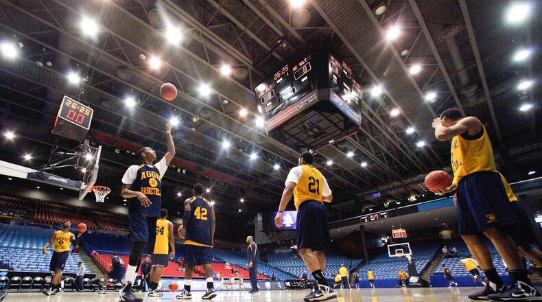 North Carolina A&T takes to the UD Arena floor for the first practice session of the First Four NCAA games that begin tonight to see who advances into the bracket this weekend. CHRIS STEWART / STAFF