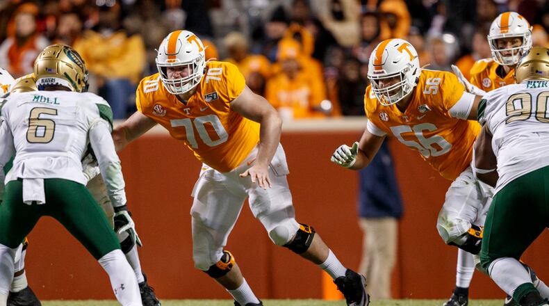 Former Tennessee offensive lineman Ryan Johnson (70), transferring to Georgia Tech as a grad transfer, during the game between the UAB Blazers and the Tennessee Volunteers at Neyland Stadium in Knoxville, Tenn. (Caleb Jones/Tennessee Athletics)
