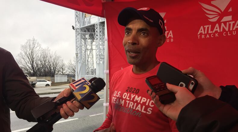 Olympian Meb Keflezighi speaks to media about Atlanta's bid for the 2020 Olympic Team Trials- Marathon.