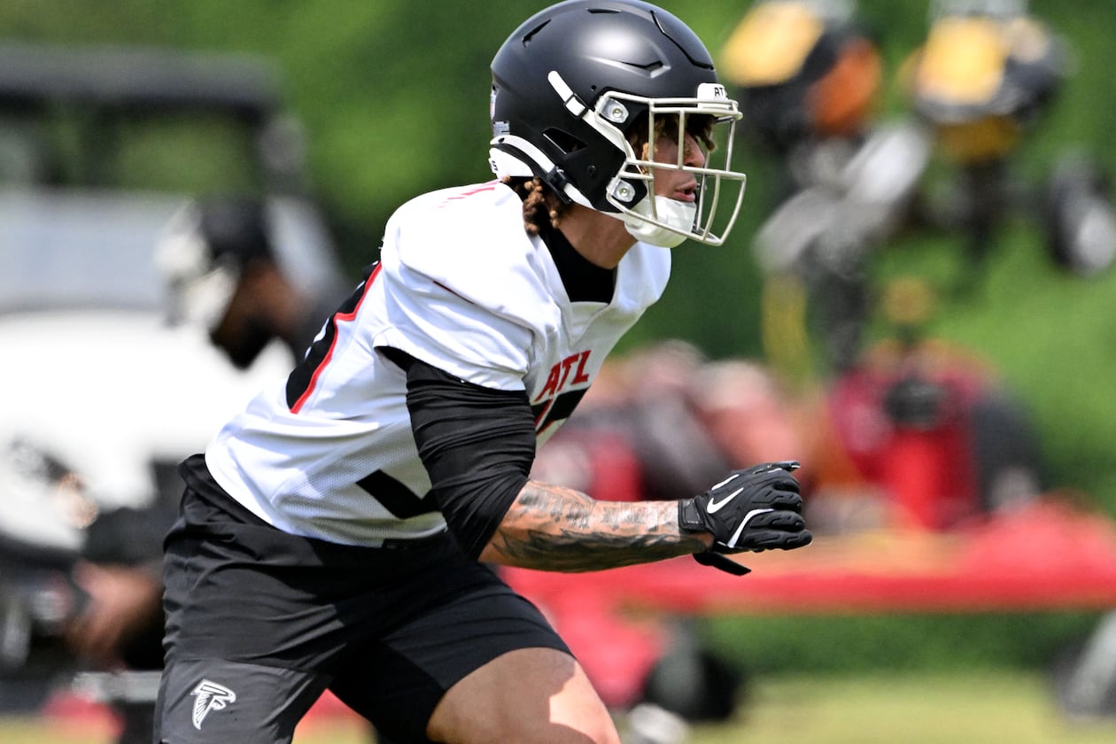 Atlanta Falcons defensive back Billy Bowman Jr. runs a drill during the Atlanta Falcons rookie minicamp at the Atlanta Falcons Training Camp, Friday, May 9, 2025, in Flowery Branch. (Hyosub Shin/AJC)