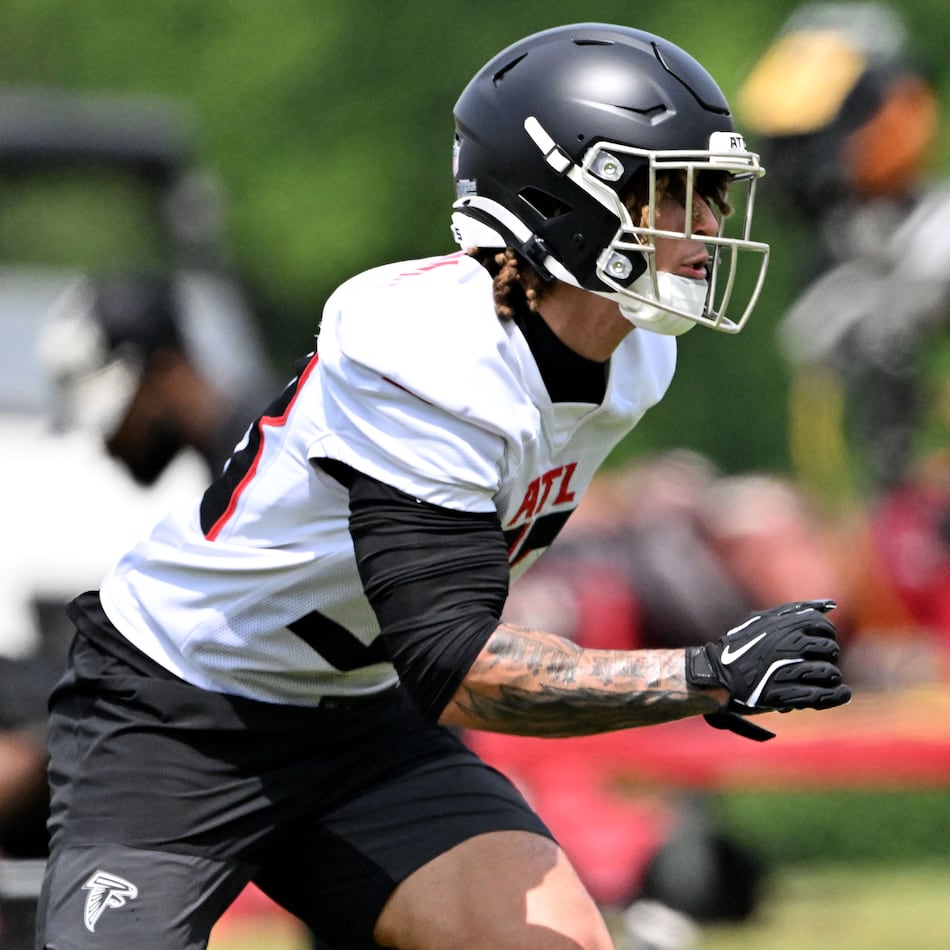 Atlanta Falcons defensive back Billy Bowman Jr. runs a drill during the Atlanta Falcons rookie minicamp at the Atlanta Falcons Training Camp, Friday, May 9, 2025, in Flowery Branch. (Hyosub Shin/AJC)
