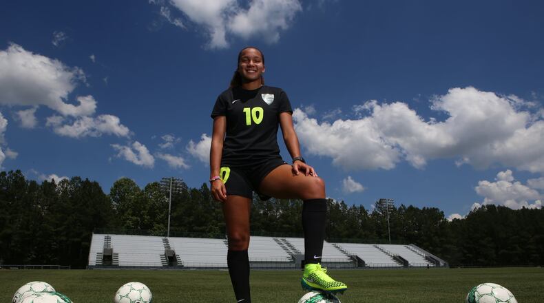 Rachel Jones, a junior at Collins Hill High School, poses for a portrait in Suwanee, Georgia, on May 17, 2017. Although they lost to South Forsyth in the GHSA Girls Soccer Class AAAAAAA state championships, Jones has set herself apart from the crowd and plays on the U.S. U-18 Women’s National Team as one of the top players in the nation. She has committed to the University of North Carolina and will attend when she graduates in 2018. (HENRY TAYLOR / HENRY.TAYLOR@AJC.COM)