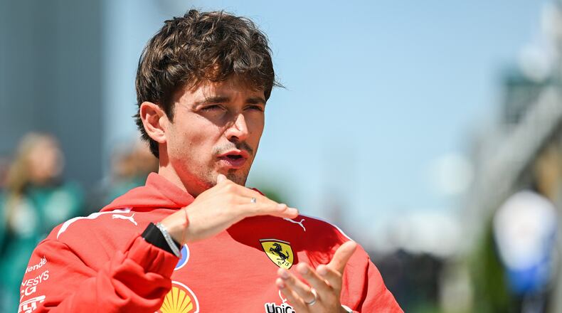 Ferrari driver Charles Leclerc, of Monaco, speaks during an interview at the F1 Canadian Grand Prix auto race, Thursday, May 21, 2026, in Montreal. (Graham Hughes/The Canadian Press via AP)