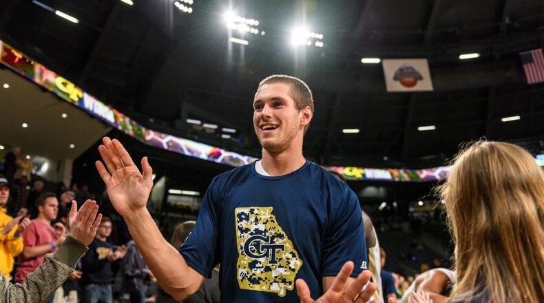 Georgia Tech forward Rand Rowland celebrates after the season-opening win against Tennessee Tech. (GT Athletics/Danny Karnik)