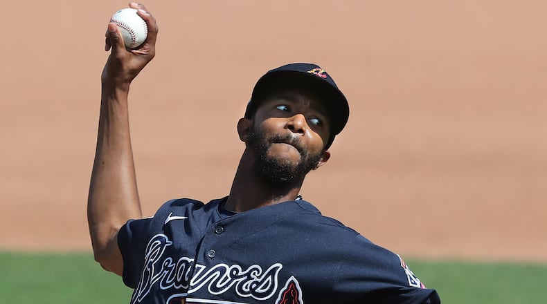 Atlanta Braves reliever Carl Edwards delivers against the Baltimore Orioles during the fourth inning Wednesday, March 3, 2021, at CoolToday Park in North Port, Fla. (Curtis Compton / Curtis.Compton@ajc.com)