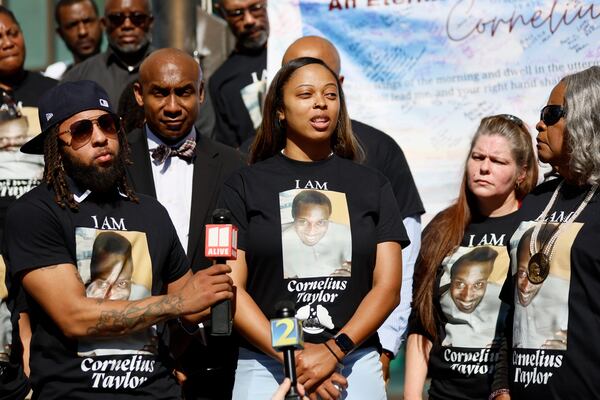 After a procession arrived at Atlanta City Hall, Darlene Chaney, cousin of Cornelius Taylor, speaks on Monday, February 3, 2025.
(Miguel Martinez/AJC)
