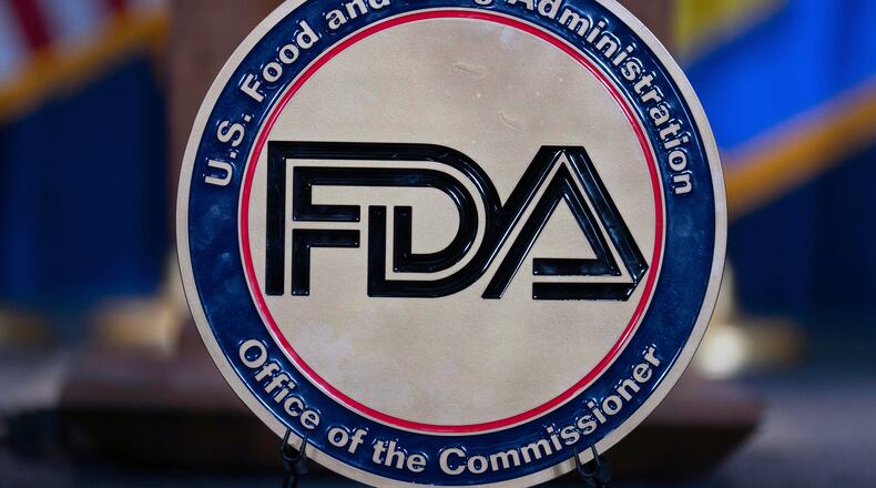 FILE - The Food and Drug Administration seal is seen at the Hubert Humphrey Building Auditorium in Washington, April 22, 2025. (AP Photo/Jose Luis Magana, File)