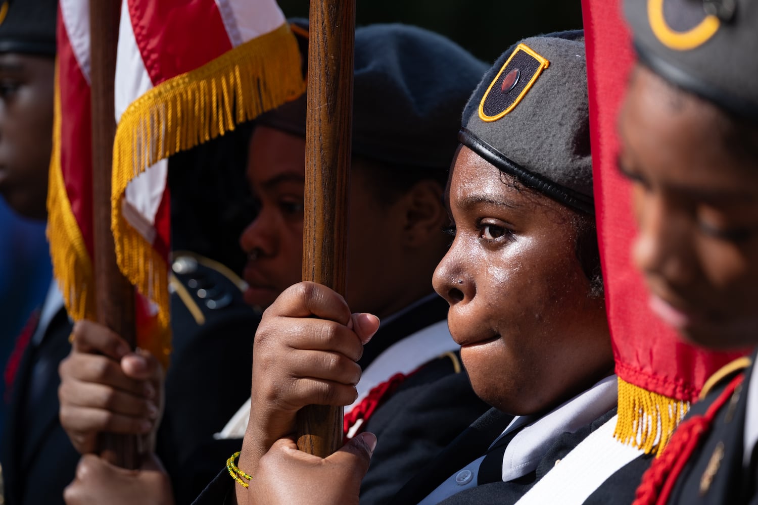 The Miller Grove High School Army JROTC participates in the Georgia Veterans Day Parade in Midtown Atlanta on Saturday, Nov. 8, 2025.   Ben Gray for the Atlanta Journal-Constitution