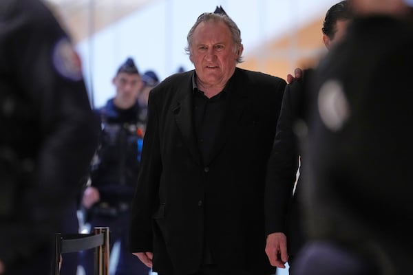 Actor Gerard Depardieu arrives to face trial for the alleged sexual assaults of two women on a film set in 2021, Monday, March 24, 2025 in Paris. (AP Photo/Aurelien Morissard)
