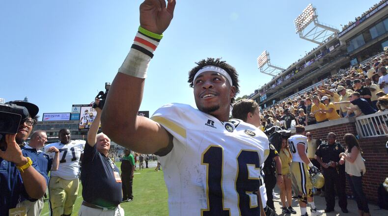 September 9, 2017 Atlanta - Georgia Tech quarterback TaQuon Marshall (16) celebrates their victory over the Jacksonville State during the Georgia Tech home opener at Bobby Dodd Stadium on Saturday, September 9, 2017. Georgia Tech won 37-10 over the Jacksonville State. HYOSUB SHIN / HSHIN@AJC.COM