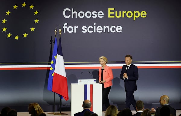 FILE - French President Emmanuel Macron and European Commission President Ursula Von der Leyen attend the "Choose Europe for Science" event at the Sorbonne University in Paris on Monday, May 5, 2025. (Gonzalo Fuentes/Pool via AP, File)
