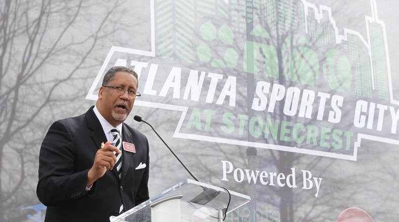 Jason Lary, then a candidate for Stonecrest mayor, speaks to the crowd at the unveiling of the Atlanta Sports City site on Feb. 22, 2017. HENRY TAYLOR / HENRY.TAYLOR@AJC.COM