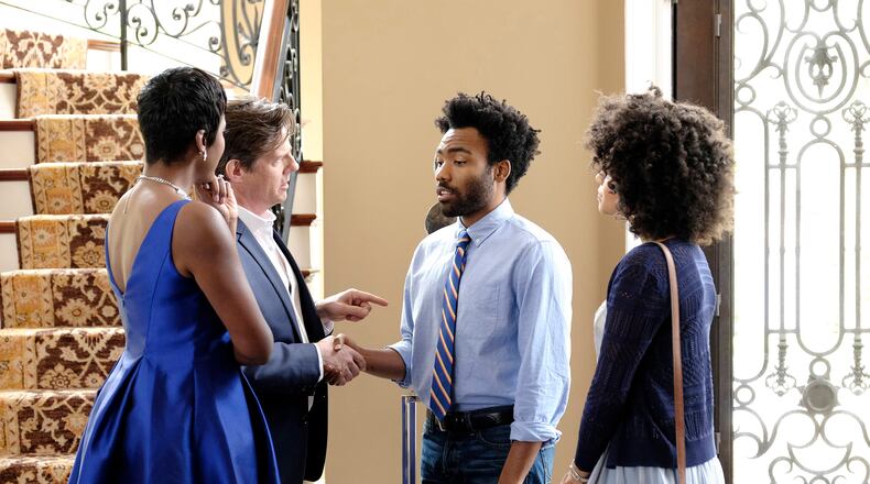 ATLANTA -- "Juneteenth" -- Episode 9 (Airs Tuesday, October 25, 10:00 pm e/p) Pictured: (l-r) Cassandra Freeman as Monique Allen, Rick Holmes as Craig Allen, Donald Glover as Earnest Marks, Zazie Beetz as Van. CR: Guy D'Alema/FX
