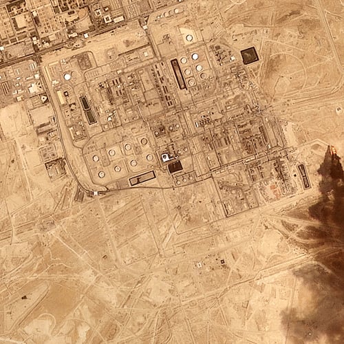 This satellite image provided by Planet Labs PBC on July 27, 2026 shows smoke rising from the Saudi Aramco oil processing facility in Abqaiq, Saudi Arabia, 2026. (Planet Labs PBC via AP)