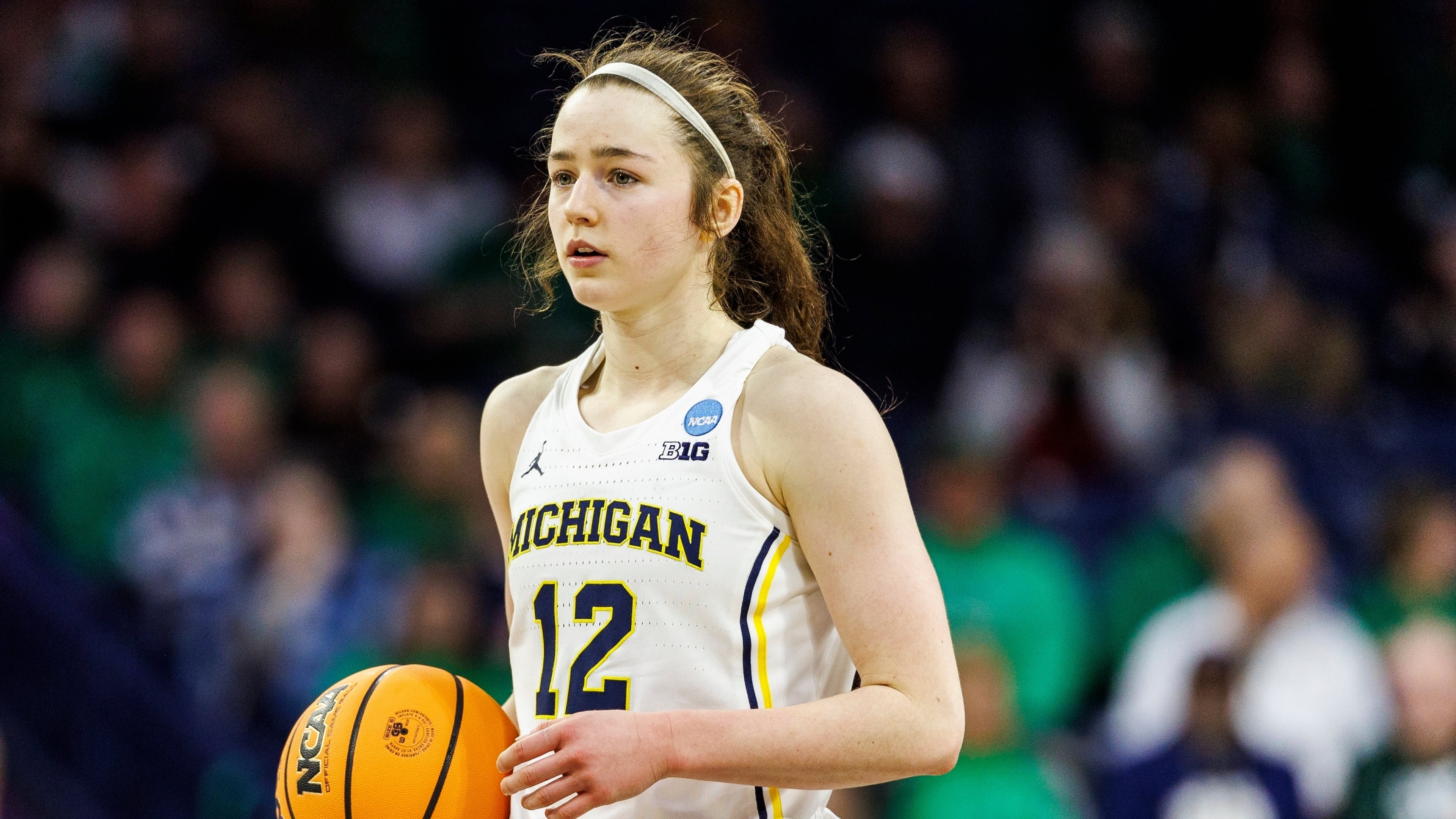 FILE - Michigan guard Syla Swords (12) controls the ball during the second half in the first round of the NCAA college basketball tournament against Iowa State, March 21, 2025, in South Bend, Ind. (AP Photo/John Mersits, File)