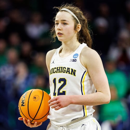 FILE - Michigan guard Syla Swords (12) controls the ball during the second half in the first round of the NCAA college basketball tournament against Iowa State, March 21, 2025, in South Bend, Ind. (AP Photo/John Mersits, File)