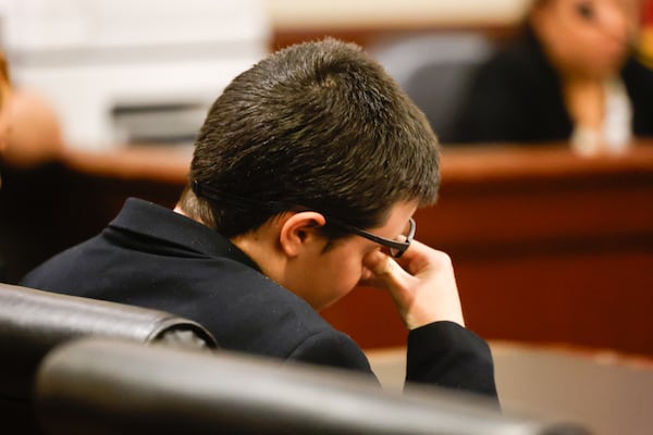 Colt Gray, 16, reacts during his sentencing hearing at Barrow County Superior Court in Winder, Ga., Tuesday, July 28, 2026. (Arvin Temkar/Atlanta Journal-Constitution via AP, Pool)