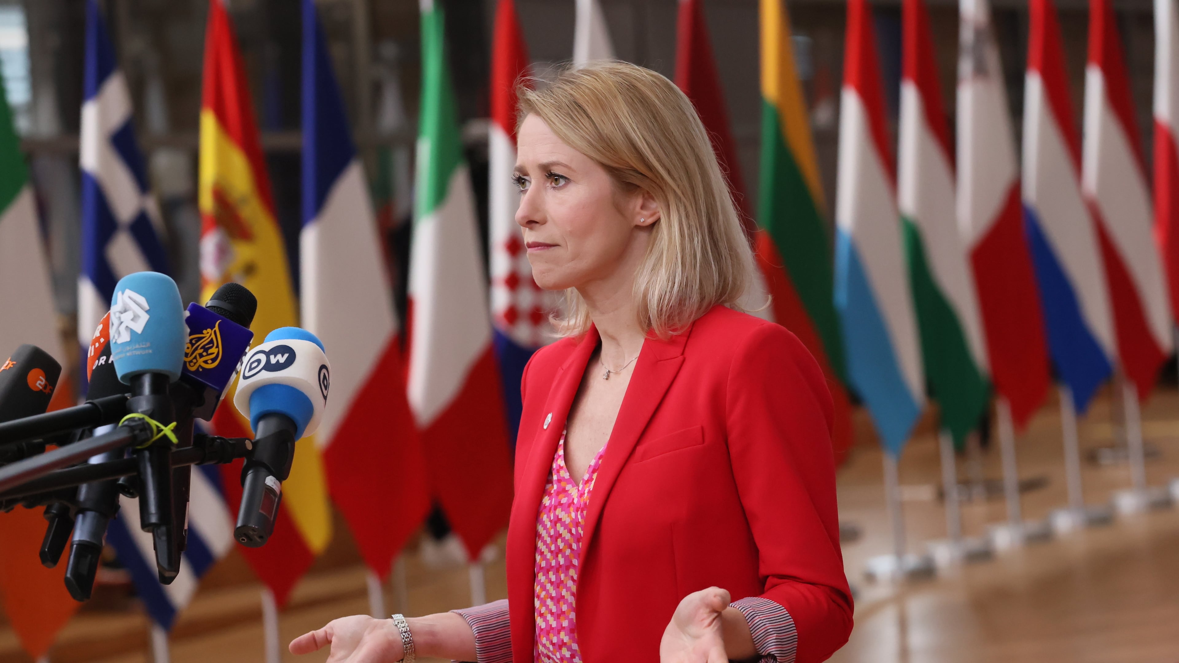 European Union foreign policy chief Kaja Kallas speaks with the media as she arrives for an EU Summit at the European Council building in Brussels, Thursday, Oct. 23, 2025. (AP Photo/Francois Walschaerts)