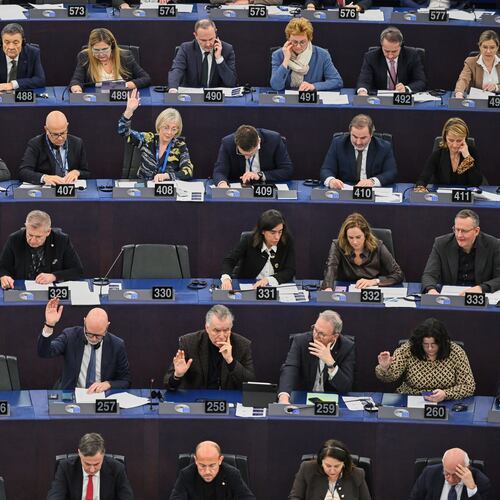 Lawmakers of the European Parliament vote to refer the signed trade deal with South American bloc Mercosur to the European top court, Wednesday, Jan. 21, 2026, in Strasbourg, France. (AP Photo/Pascal Bastien)