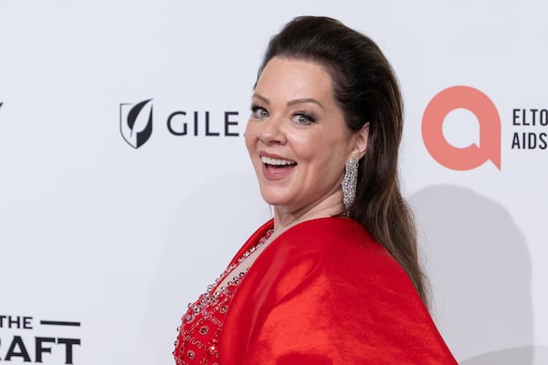 Melissa McCarthy arrives at the Elton John AIDS Foundation Academy Awards Viewing Party on Sunday, March 15, 2026, in West Hollywood, Calif. She is currently in Atlanta shooting the film "Turpentine." (Willy Sanjuan/Invision/AP)