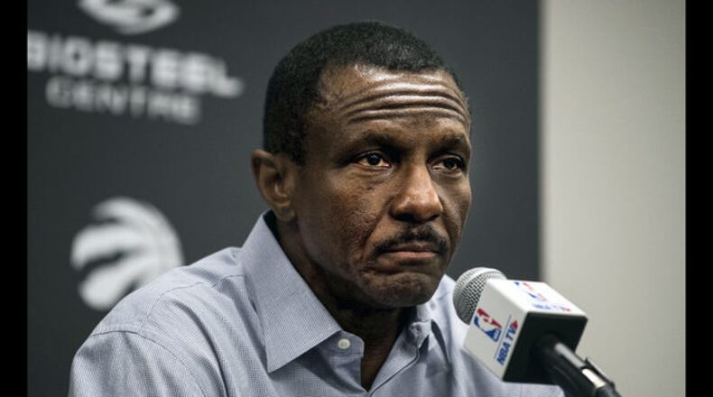 <p> Toronto Raptors president Masai Ujiri arrives for an NBA basketball news conference after the firing of head coach Dwane Casey, Friday, May 11 , 2018, in Toronto. (Chris Young/The Canadian Press via AP) </p> <p> In this Wednesday, May 9, 2018 photo, Toronto Raptors head coach Dwane Casey speaks to media during an end-of-season NBA basketball media availability in Toronto,. The Raptors have fired Casey on Friday, May 11, 2018, after the team was swept in the playoffs by the Cleveland Cavaliers for second straight season. (Aaron Vincent Elkaim/The Canadian Press via AP, File) </p> <p> Toronto Raptors coach Dwane Casey, left, disputes a call during the first half of Game 1 of the team's NBA basketball playoffs Eastern Conference semifinal against the Cleveland Cavaliers on Tuesday, May 1, 2018, in Toronto. (Nathan Denette/The Canadian Press via AP) </p> <p> Canadian rapper Drake pats Toronto Raptors coach Dwane Casey on the back as Drake leaves arena with 2 minutes left in Game 2 of the team's NBA basketball playoffs second-round series against the Cleveland Cavaliers on Thursday, May 3, 2018, in Toronto. (Frank Gunn/The Canadian Press via AP) </p>