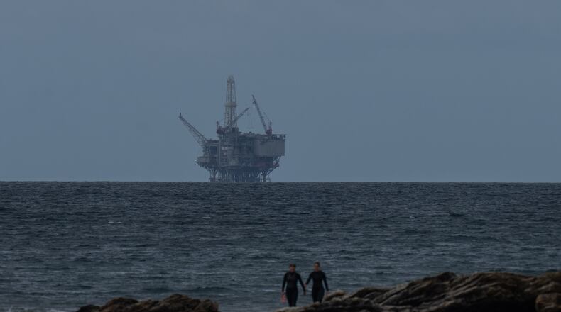 FILE - An offshore drilling platform operated by Sable Offshore Corp. is seen from Refugio State Beach near Goleta, Calif., April 26, 2026. (AP Photo/Jae C. Hong, File)