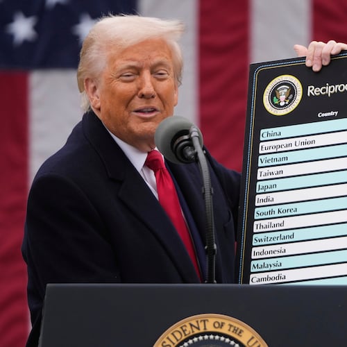 FILE - President Donald Trump speaks during an event to announce new tariffs in the Rose Garden at the White House, on April 2, 2025, in Washington. (AP Photo/Mark Schiefelbein, File)