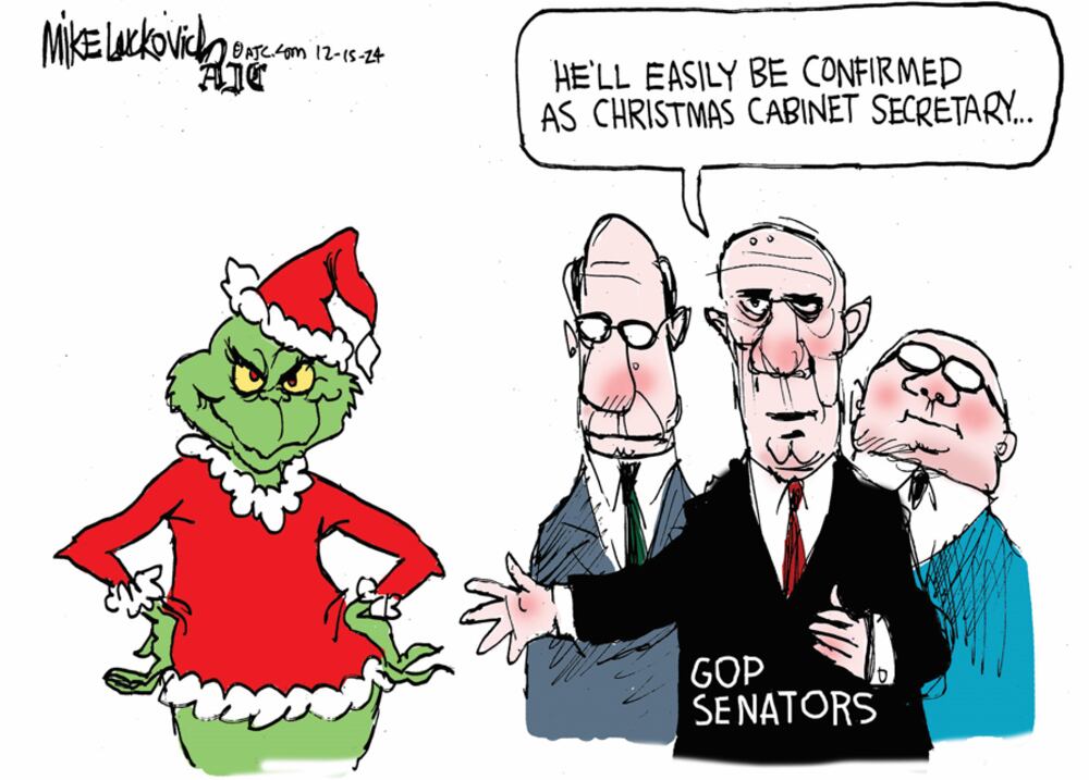 Three G. O. P Senators standing next to the Grinch.  One Senator says, 