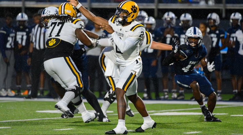 Valdosta’s quarterback, Todd Robinson, makes a pass during the Valdosta at South Gwinnett football game in Gwinnett on September 13, 2024. (Jamie Spaar for the Atlanta Journal Constitution)