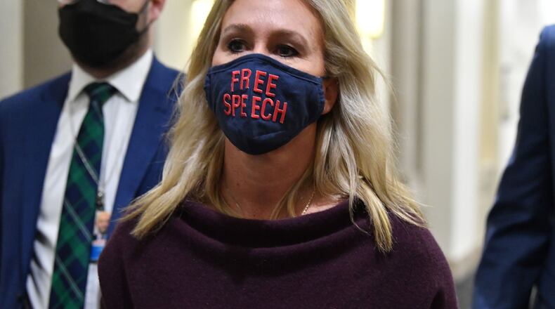 U.S. Rep. Marjorie Taylor Greene, R-Ga., leaves her office on Capitol Hill on Thursday, Feb. 4, 2021, in Washington, D.C. (Nicholas Kamm/AFP/Getty Images/TNS)
