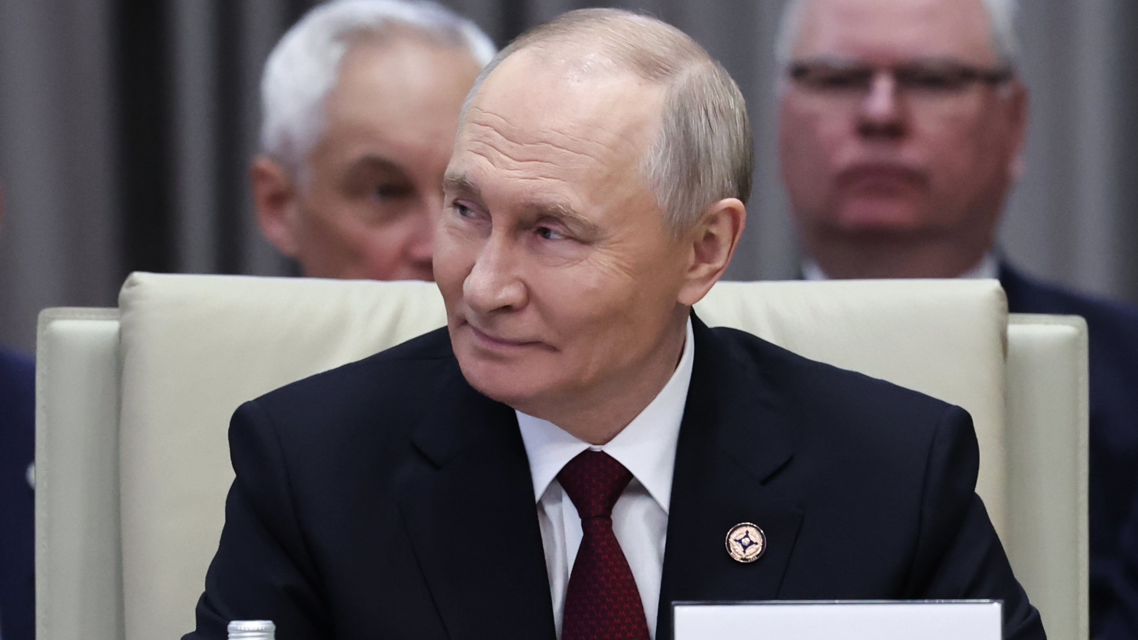 Russian President Vladimir Putin attends the summit of the Collective Security Treaty Organisation (CSTO) at the Administrative complex Yntymak-Manas Ordo, in Bishkek, Kyrgyzstan, Thursday, Nov. 27, 2025. (Alexander Kazakov, Sputnik, Kremlin Pool Photo via AP)