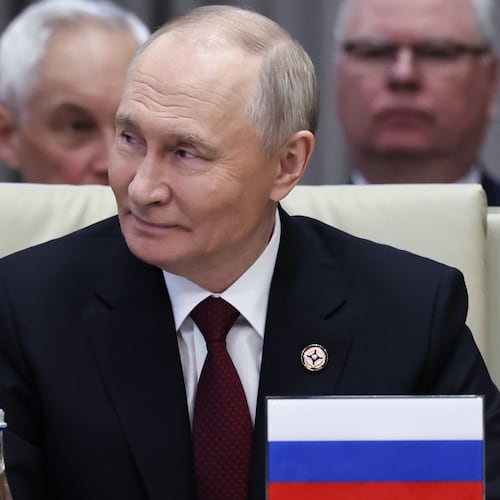 Russian President Vladimir Putin attends the summit of the Collective Security Treaty Organisation (CSTO) at the Administrative complex Yntymak-Manas Ordo, in Bishkek, Kyrgyzstan, Thursday, Nov. 27, 2025. (Alexander Kazakov, Sputnik, Kremlin Pool Photo via AP)