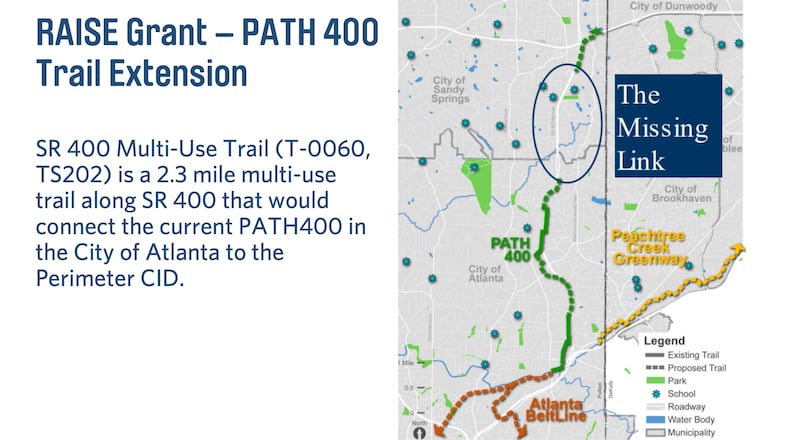Sandy Springs will apply to the U.S. Department of Transportation for the 2023 Rebuilding American Infrastructure with Sustainability and Equity (RAISE) Discretionary Grant Program for the PATH 400 Trail Extension project. COURTESY CITY OF SANDY SPRINGS