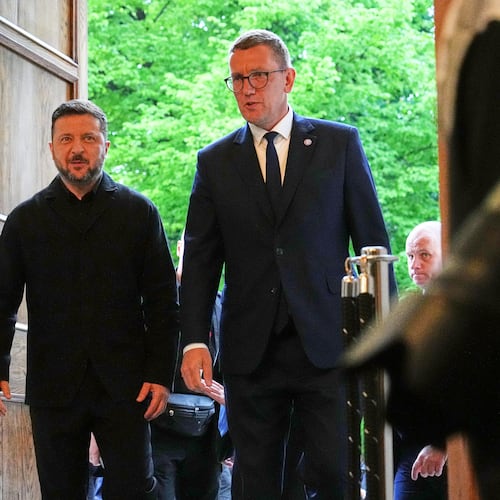 Estonia's Prime Minister Kristen Michal, right, and Ukraine's President Volodymyr Zelenskyy attend a Nordic and Baltic countries meeting in Tallinn, Estonia, Tuesday, June 9, 2026. (AP Photo/Sergei Grits)