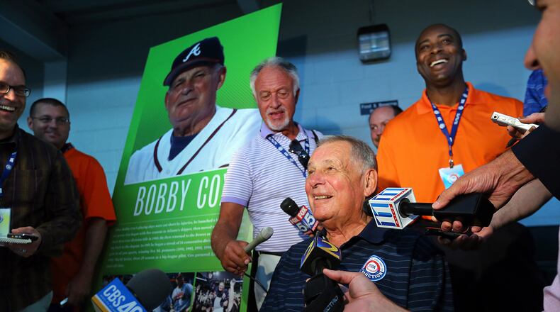 Braves manager Bobby Cox shares a laugh with reporters during the electees press conference at the Clark Sports Center on Saturday, July 26, 2014, in Cooperstown. CURTIS COMPTON / CCOMPTON@AJC.COM