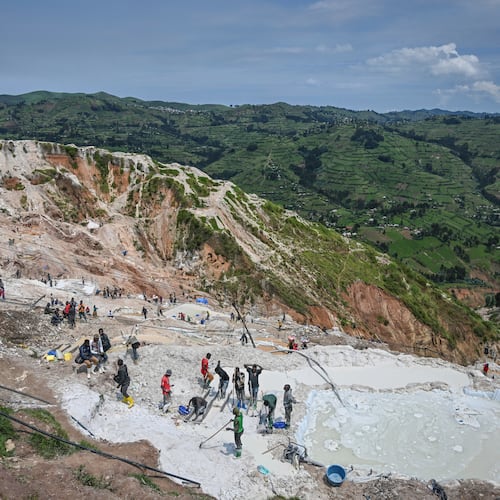 FILE - Miners work at the D4 Gakombe coltan mining quarry in Rubaya, Congo, May 9, 2025. (AP Photo/Moses Sawasawa, File)