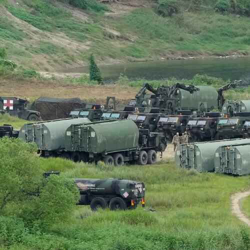 U.S. Army's armored vehicles gather to cross a river at a training field in Yeoncheon, South Korea, near the border with North Korea, Monday, Aug. 17, 2026. (AP Photo/Ahn Young-joon)