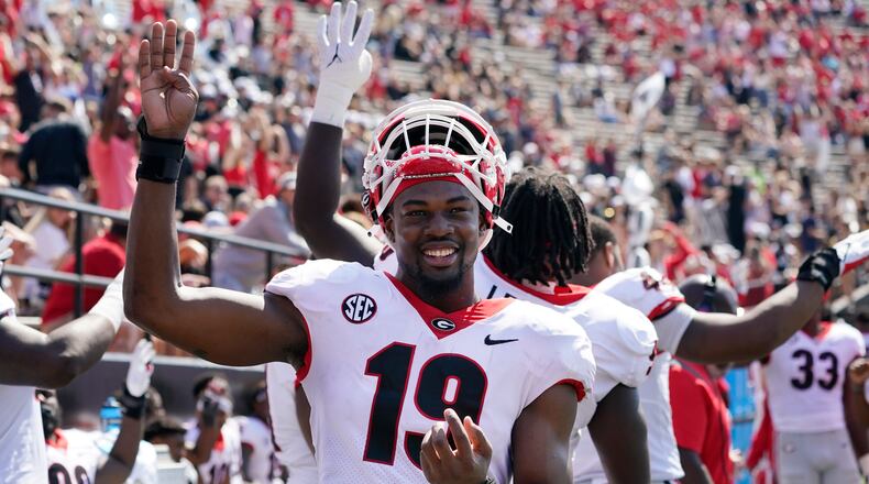 Georgia linebacker Adam Anderson (19) watches from the sideline in the second half of an NCAA college football game against Vanderbilt Saturday, Sept. 25, 2021, in Nashville, Tenn. (AP Photo/Mark Humphrey)