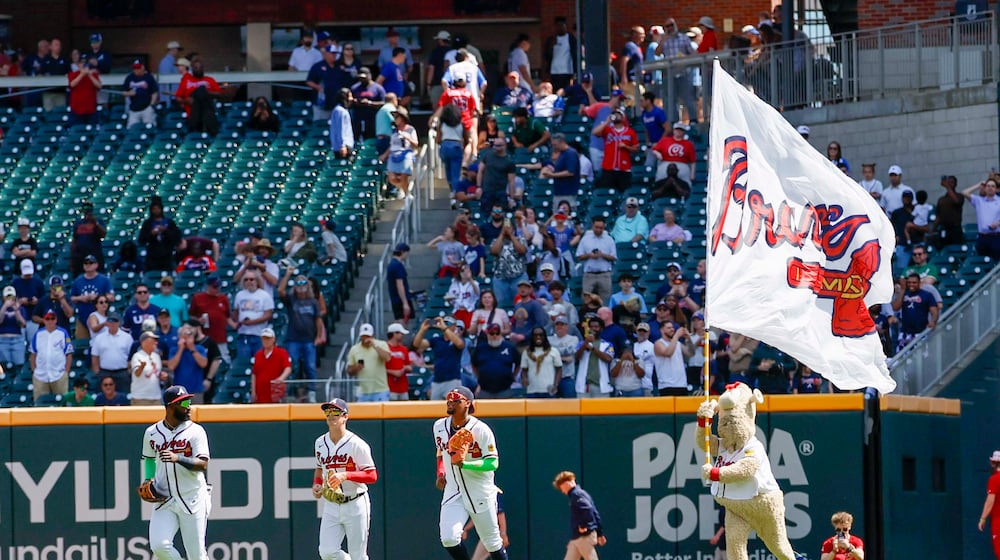 Atlanta Braves outfielders celebrate with their team mascot, the Blooper, after defeating the Oakland Athletics 5-1 at Truist Park on Wednesday, April 1, 2026, in Atlanta.
(Miguel Martinez/ AJC)