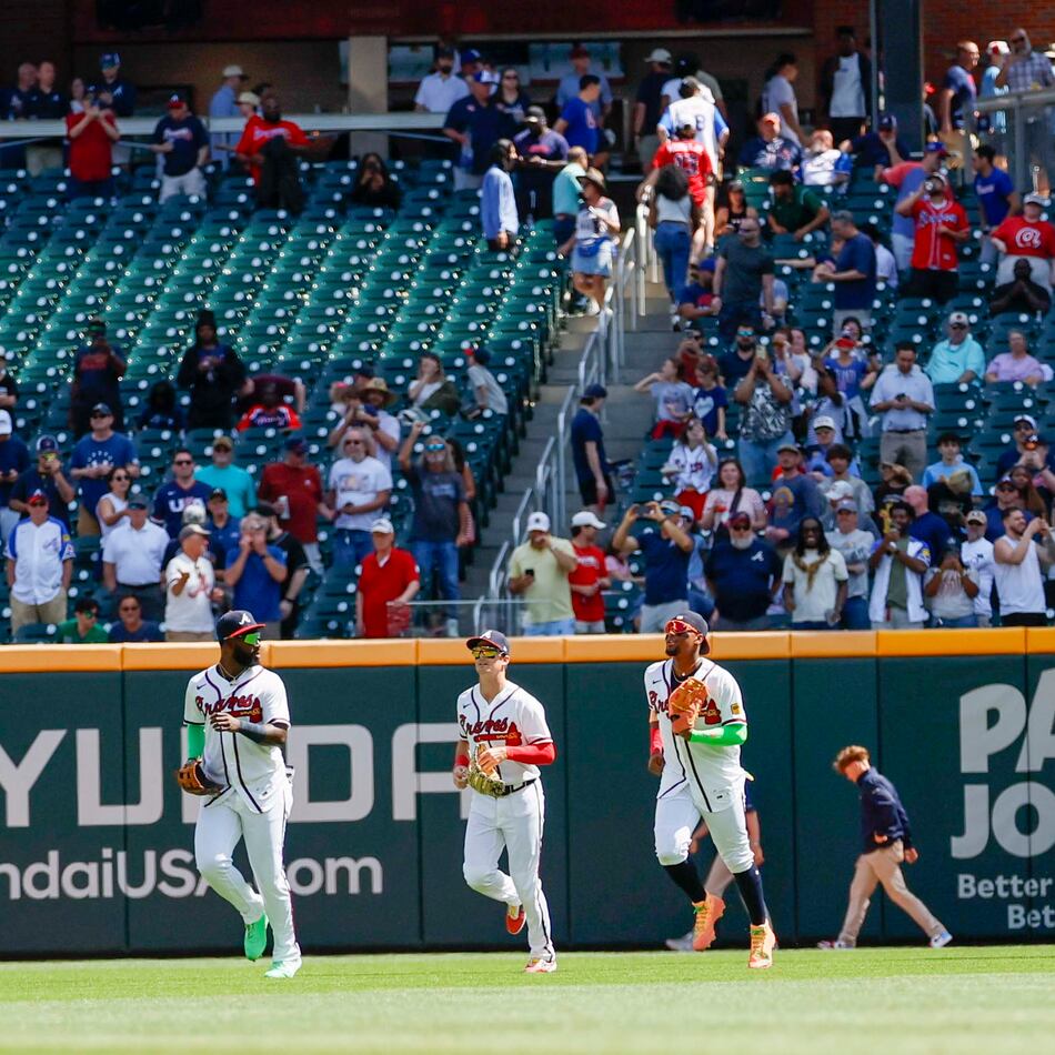 Atlanta Braves outfielders celebrate with their team mascot, the Blooper, after defeating the Oakland Athletics 5-1 at Truist Park on Wednesday, April 1, 2026, in Atlanta.
(Miguel Martinez/ AJC)