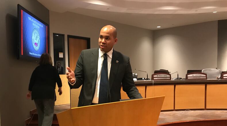 Newly named Atlanta Board of Education chairman Jason Esteves addresses the audience at the board's first meeting of its term on Monday, Jan. 8 .